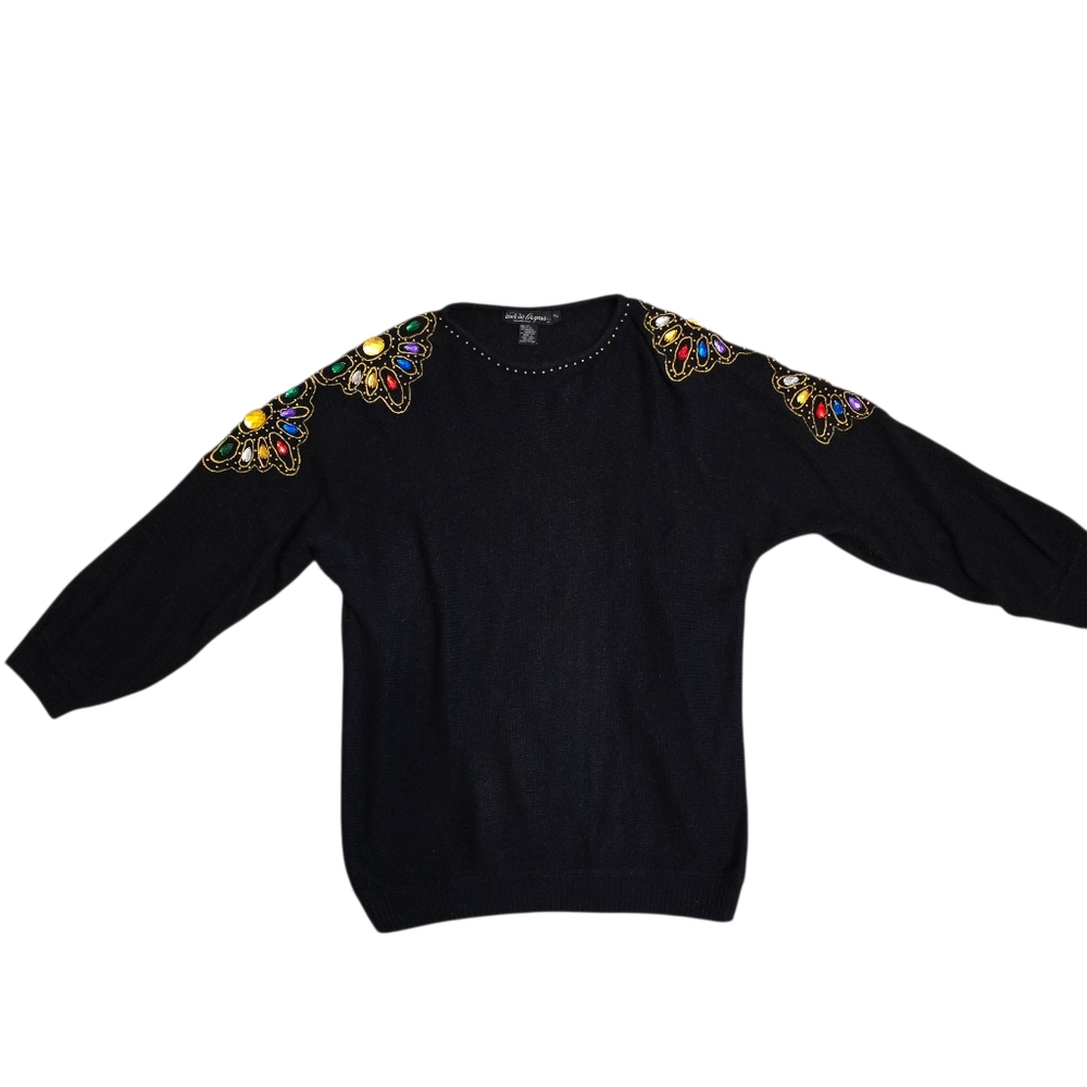 Work In Progress Vintage Colorful Embellished Black Silk Blend Sweater 26W